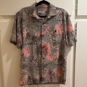 Tommy Bahama Island Zone Silk Linen Gray and Pink Tropical Shirt